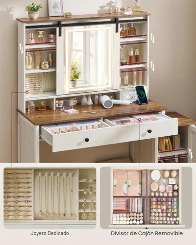 Vista 3 de VASAGLE Colección LIRY - Escritorio de tocador con espejo y luces, tocador de maquillaje de estilo granja con taburete, estación de carga, 2