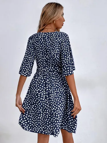 Vista 2 de OYOANGLE Vestido acampanado con cinturón y manga corta con volantes y cuello en V para mujer