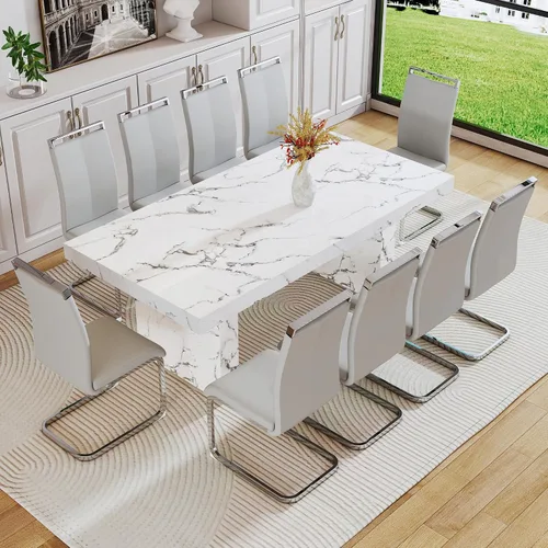 Vista 64 de gopop Mesa de comedor de mármol de 63 pulgadas, tablero de mesa de comedor MDF con patrón de mármol y base para cocina y comedor.