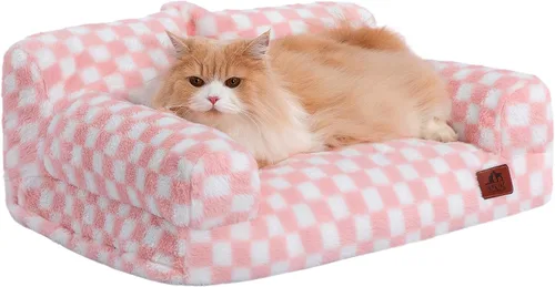 Vista 12 de Hollypet Cama de Felpa Esponjosa para Perros y Gatos, Sofá Cama Suave y Calmante para Gatos y Perros Pequeños y Medianos, Beige