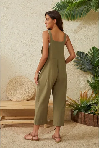 Vista 5 de Mannjin Overol casual de lino de algodón para mujer, con tirantes de botón, sin mangas, con bolsillo (0053-verde militar-L), Verde militar