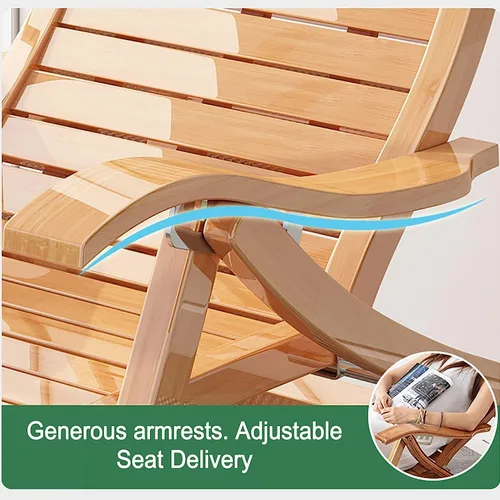Vista 5 de Mecedora de bambú plegable de jardín para tumbonas de ancianos, silla de terraza con cojín, estable y ergonómica de madera, silla de jardín