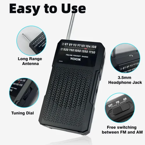 Vista 6 de Radios portátil Am Fm, radio a batería con conector para auriculares y clip trasero, radio de bolsillo con recepción de largo alcance para personas