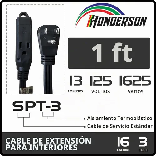 Vista 2 de Cable de extensión de enchufe plano de 3 tomas, certificado UL, cable de extensión para interiores de 16 calibre 1 pie negro de 3 puntas, tira