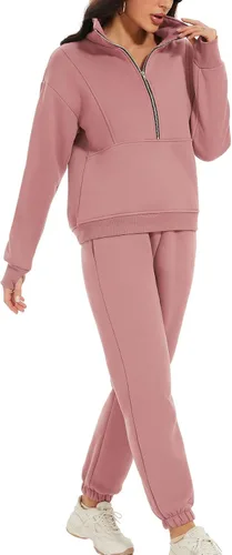 Vista 3 de PEHMEA Conjunto deportivo de 2 piezas de otoño para mujer, con forro polar, holgado, manga larga, media cremallera, cómodo conjunto de descanso