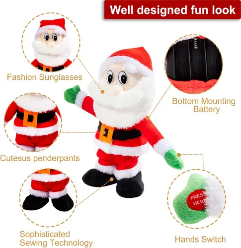 Vista 3 de Papá Noel que camina cantando bailando música twerking temblando Papá Noel animado de Navidad eléctrico juguetes de Papá Noel muñecas regalo