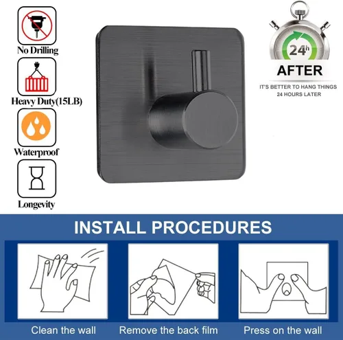 Vista 6 de Fotosnow Ganchos adhesivos negros para toallas, ganchos de pared resistentes para puerta de baño, cocina, paquete de 4