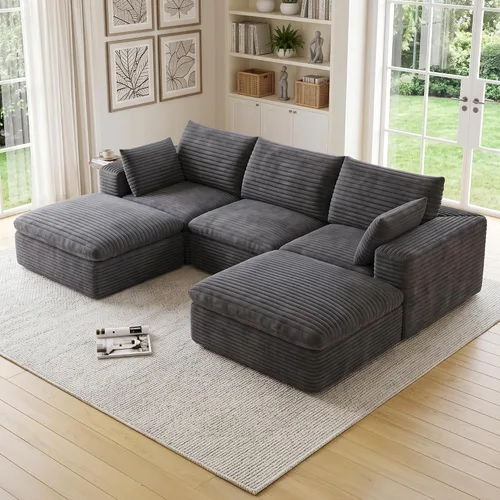 Vista 54 de 118" Cloud Couch Oversized Modular Sectional Sofa, Boneless L-Shaped 6 Seater Deep Seat Couch with Ottoman, Soft Corduroy Upholstery, DIY Negro