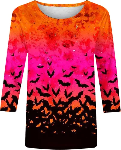 Vista 4 de Camisetas de Halloween de manga 34 para mujer, con estampado gráfico divertido, cuello redondo, blusas cómodas, informales, a la moda