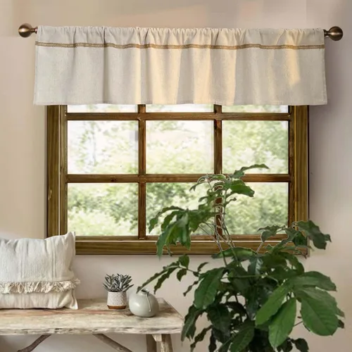 Vista 2 de Cenefa de lino de algodón para ventanas con ribete de encaje de arpillera rústica de 12 pulgadas, cenefa de cocina con bolsillo para barra, cortina