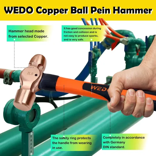 Vista 5 de WEDO Martillo de bola de cobre de 16 oz, martillo de bola con mango de fibra de vidrio, longitud 11.811 in, forjado a presión, resistente a