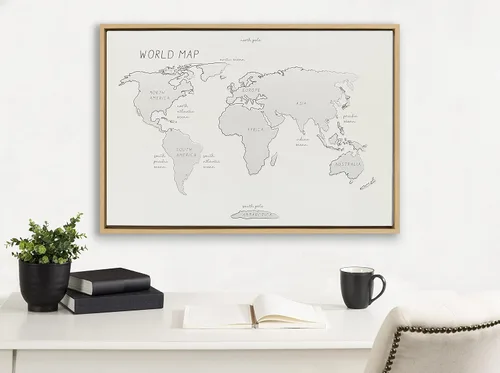 Vista 3 de Kate and Laurel Sylvie World Map - Lienzo decorativo con textura de lino enmarcado para pared, diseño de mapa del mundo por Teju Reval of