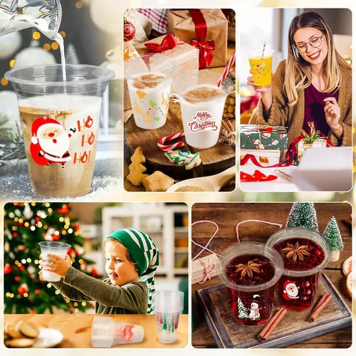 Vista 4 de GuassLee Vasos desechables de Navidad, paquete de 50 vasos de plástico desechables transparentes de 12 onzas con 5 estilos de patrones para niños