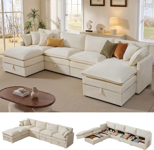 Vista 34 de Ihanherry Sofá modular de 103 pulgadas con almacenamiento, sofá de nube en forma de U con otomanas móviles y 4 almohadas, sofás seccionales