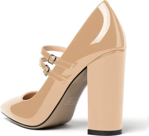 Vista 7 de MERRORI Vestido sólido con correa ajustable para mujer, con hebilla de patente, puntera puntiaguda, tacón alto, zapatos de 4 pulgadas Beige