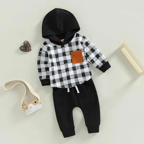 Vista 37 de Ropa de bebé niño 3 6 9 12 18 24M 3T Conjunto de pantalones con capucha patchwork sudadera con capucha pantalones de rayas traje de otoño invierno