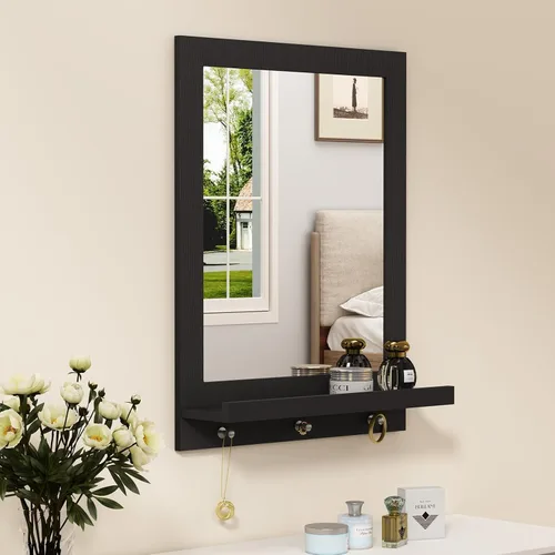 Vista 7 de ARTPOWER Espejo de pared de madera de 24 x 18.5 pulgadas con estante, espejo rectangular de pasillo con ganchos, espejos de pared colgantes