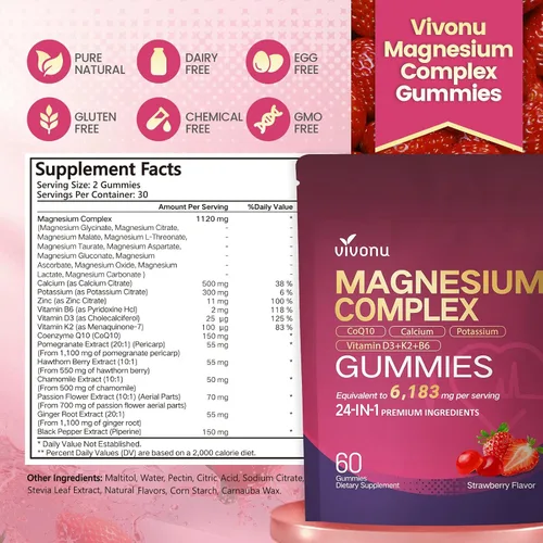 Vista 8 de Complejo de magnesio 14 en 1 para mujeres y hombres, 2600 mg por porción, gomitas de sabor fresa con glicinato de magnesio, CoQ10, vitamina D3 K2