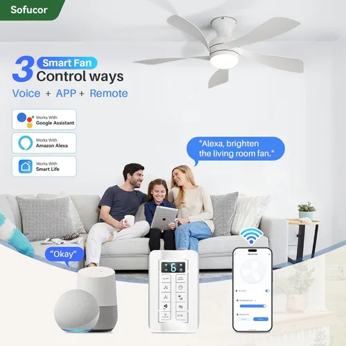 Vista 2 de Sofucor Ventilador de techo inteligente de perfil bajo de 52 pulgadas con luces y control remoto, ventilador de techo empotrado funciona con Blanco