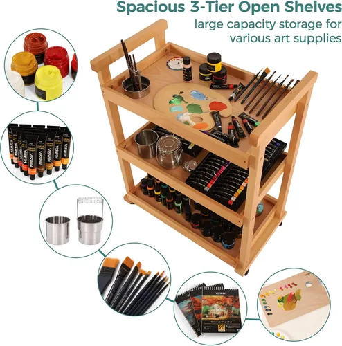 Vista 6 de VISWIN Organizador de carrito de arte, organizador de almacenamiento de suministros de arte de madera de haya maciza con ruedas giratorias, carrito