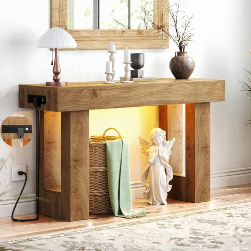 Vista 22 de Unikito Mesa de entrada de 32 pulgadas con enchufe y sensor de luz, mesa consola estrecha con almacenamiento detrás del sofá, mesa de entrada