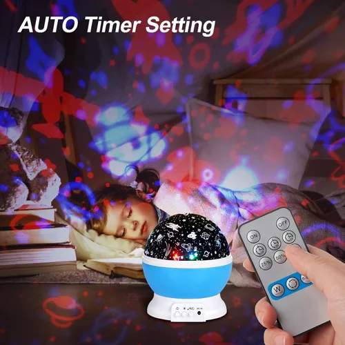 Vista 2 de Luces nocturnas de Navidad para bebé con control remoto, proyector de luna de rotación de 360 grados, 4 bombillas LED, 8 luces que cambian