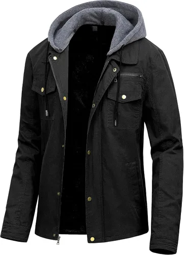 Vista 20 de Pursky Chaqueta de lona de algodón militar casual para hombre con capucha desmontable