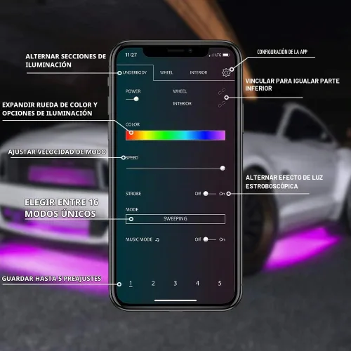 Vista 4 de LEDGlow, 4 unidades. Kit de iluminación LED para carrocería de autos, millones de colores SMD, con control para celular mediante Bluetooth