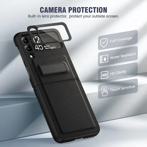 Vista 4 de Caka Compatible para Galaxy Z Flip 3 5G con soporte de patas, Funda para Z Flip 3 con protector de cámara, protección de bisagras y carga Negro