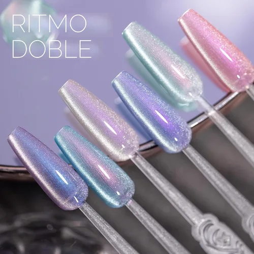 Vista 5 de Double Rhythm Juego de esmaltes de gel de ojo de gato, 6 colores, purpurina brillante con imán, holográfico, reflectante, magnético, UV, kit de arte