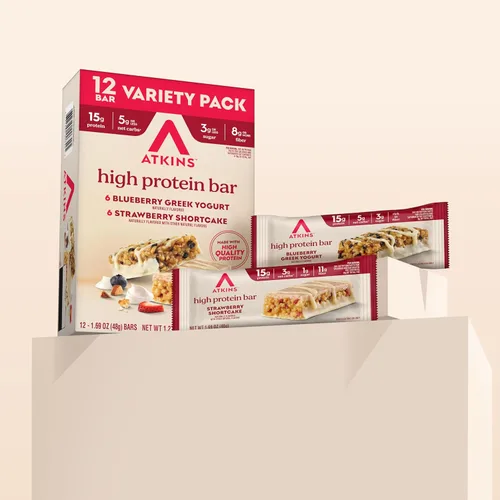 Vista 7 de Atkins Barrita de yogur griego de arándanos y fresas con alto contenido de proteínas, alta fibra, apta para dieta cetogénica, 12