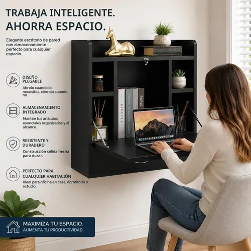 Vista 4 de Basicwise Escritorio plegable montado en la pared, escritorio plegable que ahorra espacio con estantes de almacenamiento y cajón, mesa flotante Negro
