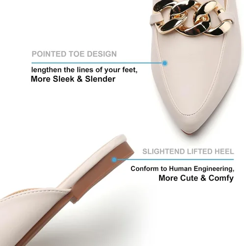 Vista 3 de Tilocow Mules para mujer Zapatos planos para mujer, elegantes y cómodos, con cadena de metal, sin espalda, zapatos de moda 2023
