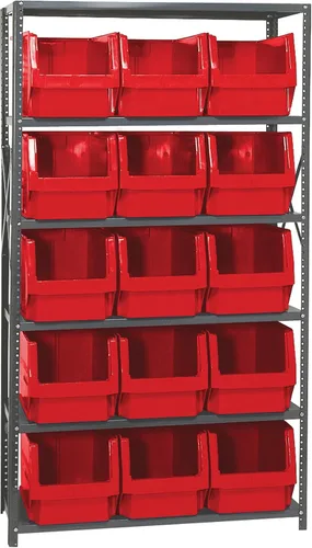 Vista 210 de Quantum QSBU-245BK Heavy Duty Shelving Unit with (7) Shelves and (24) QUS245 Black Bins for Garage Warehouse Storage Distribution 400 lb Load