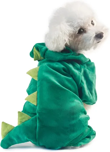 Vista 3 de Disfraz de dinosaurio para perro, ropa de perro de dinosaurio de Halloween, linda ropa para gatos, sudadera divertida con capucha para mascotas Verde