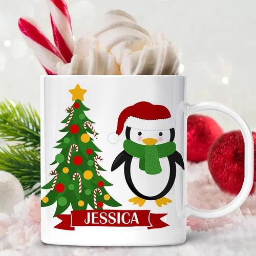 Vista 2 de Taza personalizada de pingüino de Navidad para niños con nombre, polímero ligero