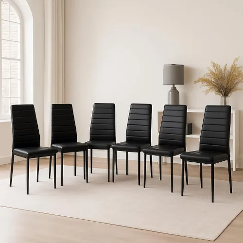 Vista 3 de Juego de sillas de comedor de 6 piezas, cuero sintético negro moderno, respaldo alto tapizado, marco de acero, cocina cómoda, muebles de comedor