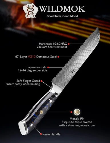 Vista 5 de WILDMOK Cuchillo de pan de acero dentado de Damasco, cuchillo de pan dentado de 8 pulgadas, mango ergonómico de resina de espiga completa, afilado