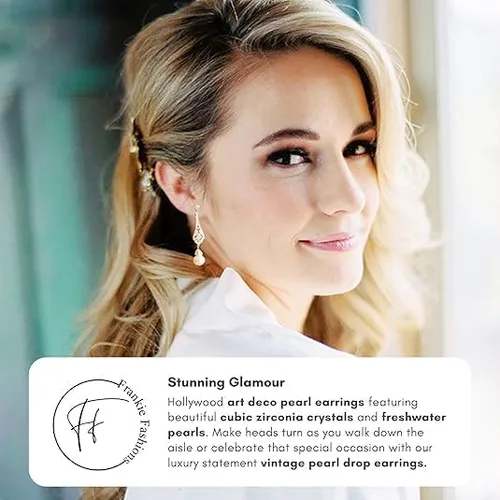 Vista 6 de Frankie Fashions Aretes colgantes de perlas vintage para novias, damas de honor, madre de la novia con impresionantes perlas y circonita cúbica