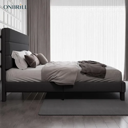 Vista 4 de ONBRILL Base de cama tamaño King con cabecera tapizada de tela, soporte de listones de madera resistente, base de colchón tapizada, no necesita