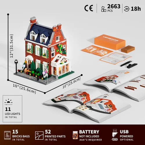 Vista 6 de LUMIBRICKS Redbrick Row House Lighting - Juego de ladrillos de construcción – Kit de exhibición de colección de modelos de construcción modular
