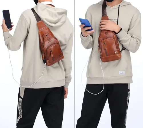 Vista 7 de BULLCAPTAIN Bolso bandolera para hombre con puerto de carga USB, de piel auténtica, para el pecho, mochila de viaje y senderismo