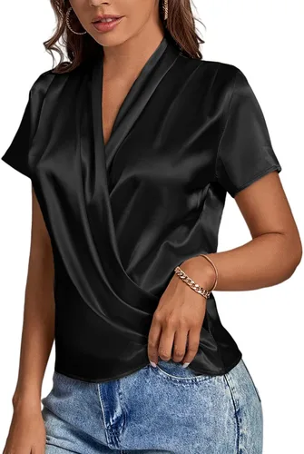 Vista 5 de LYANER Blusa elegante de satén con cuello en V y manga corta para mujer
