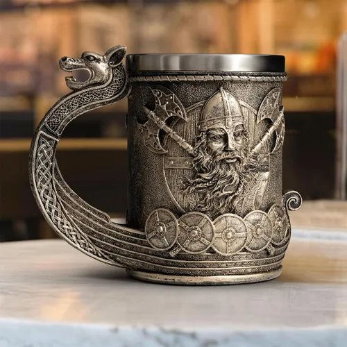 Vista 4 de CHICVITA Taza de cerveza vikinga con mango de dragón, taza de café, 18 Marrón