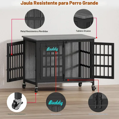 Vista 3 de EasyCom 33"/27" Mueble de jaula para perros con etiqueta de nombre, perrera para perros de uso interior resistente para perros medianos y pequeños