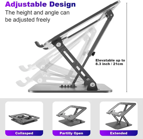 Vista 3 de Soporte ajustable para computadora portátil, elevador portátil con 3 brazos de soporte, soporte ergonómico ventilado de metal súper resistente