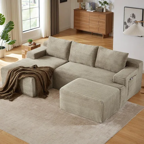 Vista 9 de Sofá modular Cloud de 95 pulgadas con otomana, moderno sofá nube en forma de U con asiento profundo, cómodo sofá de pana de 3 plazas, sofá de espuma