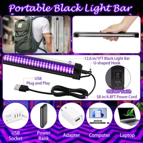 Vista 7 de Tiras de luz negra de 50 pies y control remoto + 3 barras de luz negra, tira de luz negra USB de 12 W y 1 pie para fiesta brillante