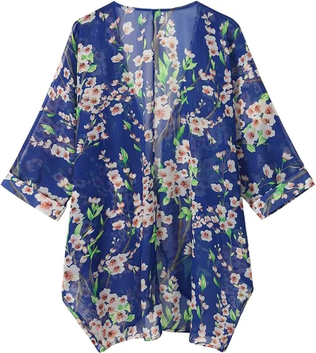 Vista 3 de olrain - Cárdigan estilo kimono holgado y traslúcido, de gasa, con estampado floral, para mujer
