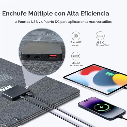 Vista 3 de Renogy Paneles solares, cargador de panel solar portátil de 30W, carga rápida para iPhone, iPad, tabletas, portátil, banco de energía, con puertos